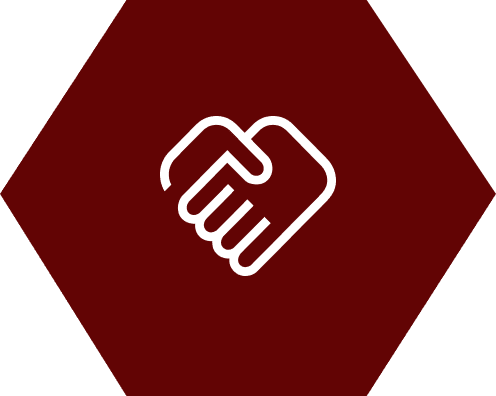 Icon of two hands shaking in a white outline on a dark red hexagonal background.