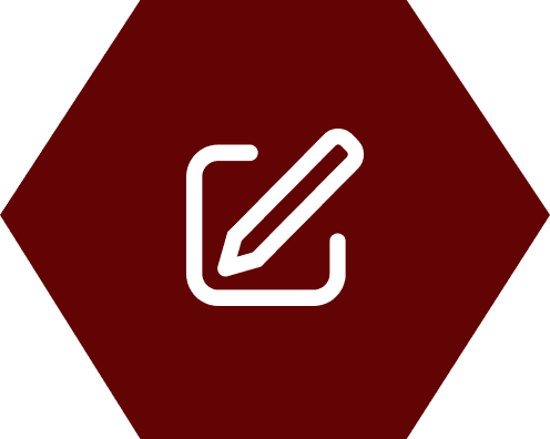 Icon of a pencil inside a square, on a maroon hexagonal background.
