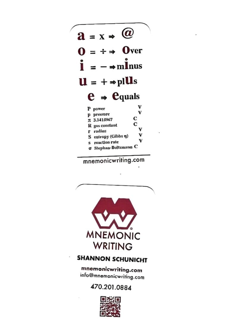 A close up of the back cover of an mnemonic book
